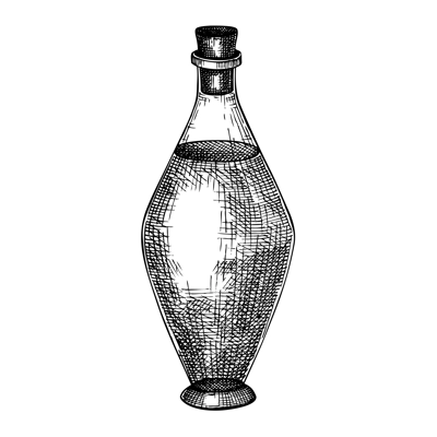 Hand sketched fragrance bottle in vintage style. Glassware hand drawing for alchemy, medicine, cosmetics or perfume. Alchemy laboratory equipment sketch. Magic lab tools